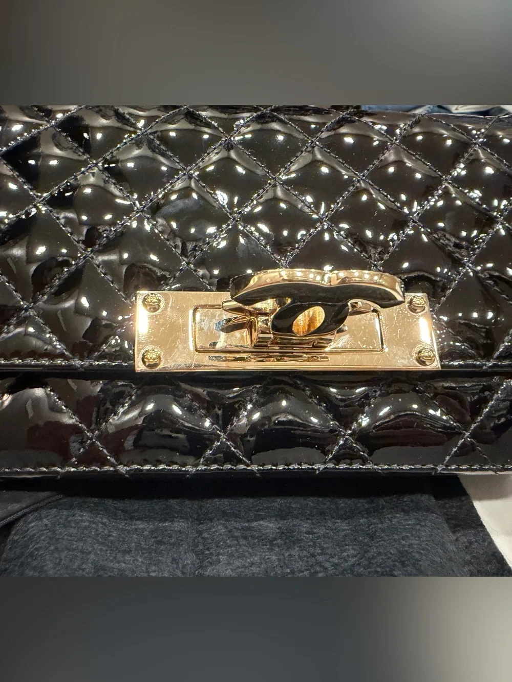 CHANEL Black Patent Crossbody Wallet On Chain Flap Bag with Gold Hardware
